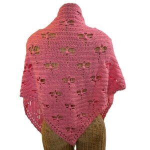 Crochet Shawl Cowl Wrap Dragonfly Cut Outs Pink 78" x 35" Acrylic Handmade New
